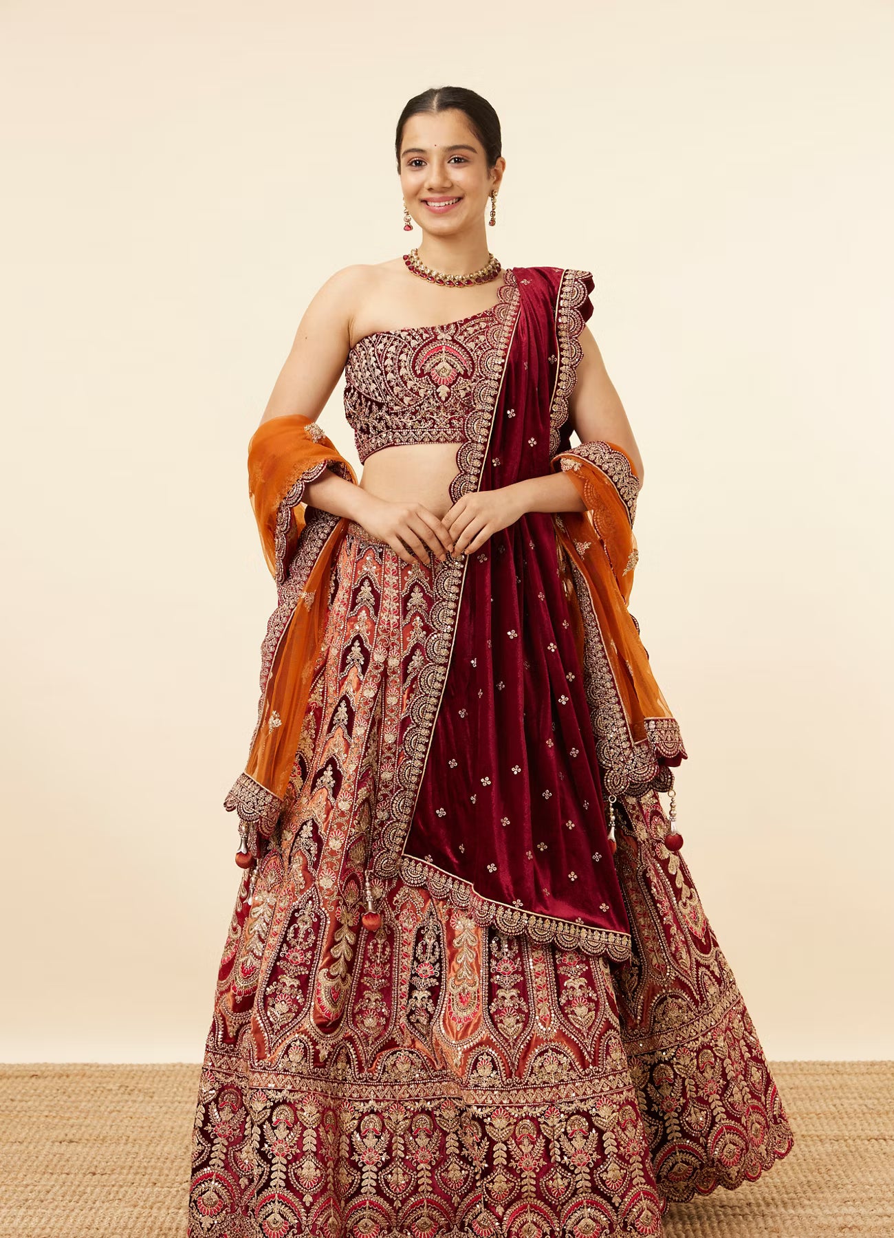 SEMI-STITCHED  Orange Maroon Embroidered Bridal Lehenga