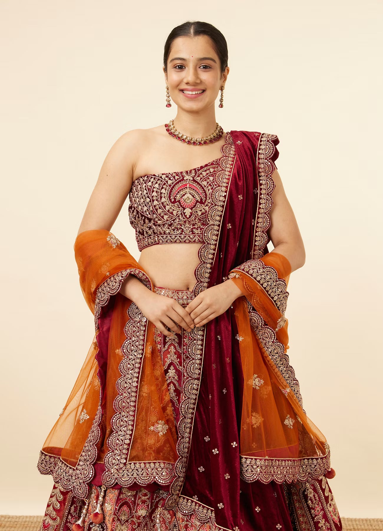 SEMI-STITCHED  Orange Maroon Embroidered Bridal Lehenga
