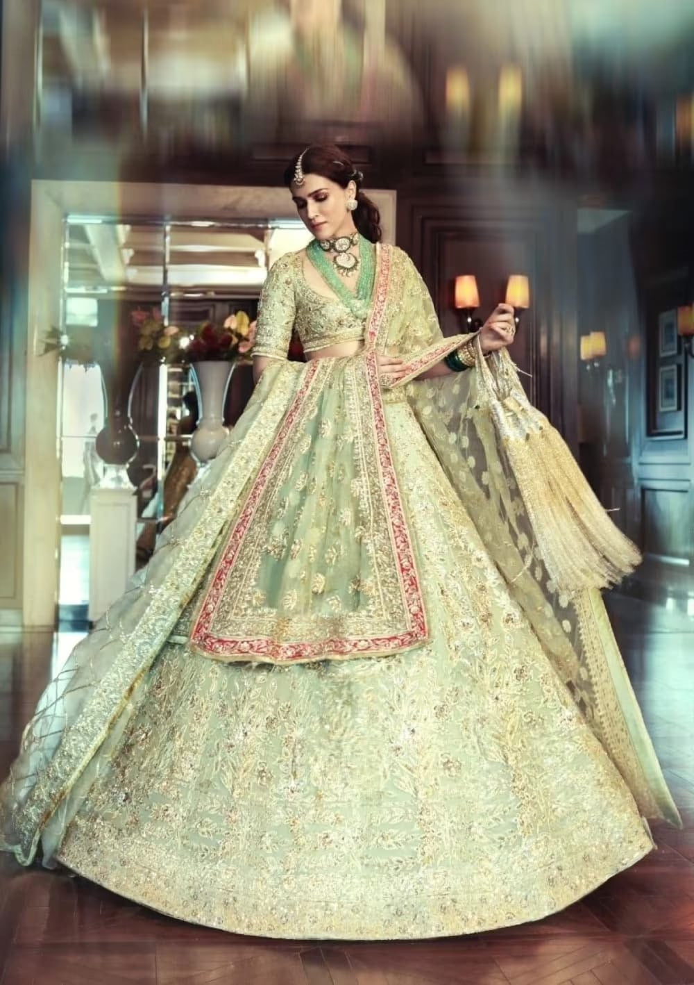 Kriti Sanon in our Mint Green Raw Silk Embroidered Lehenga Set