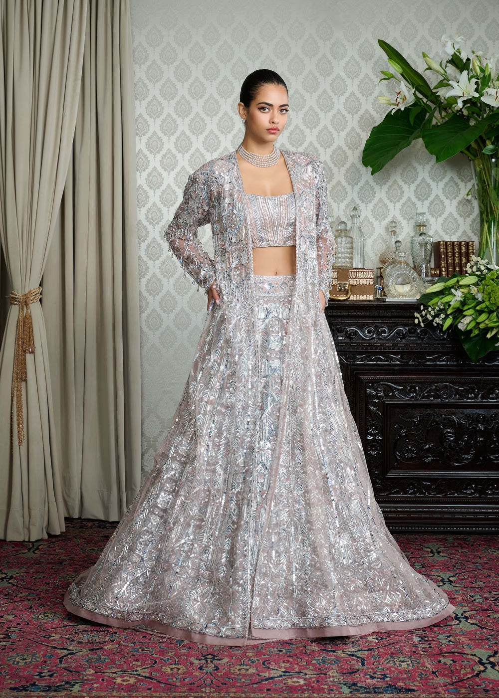 Grey Net Taban Embroidered Lehenga Set