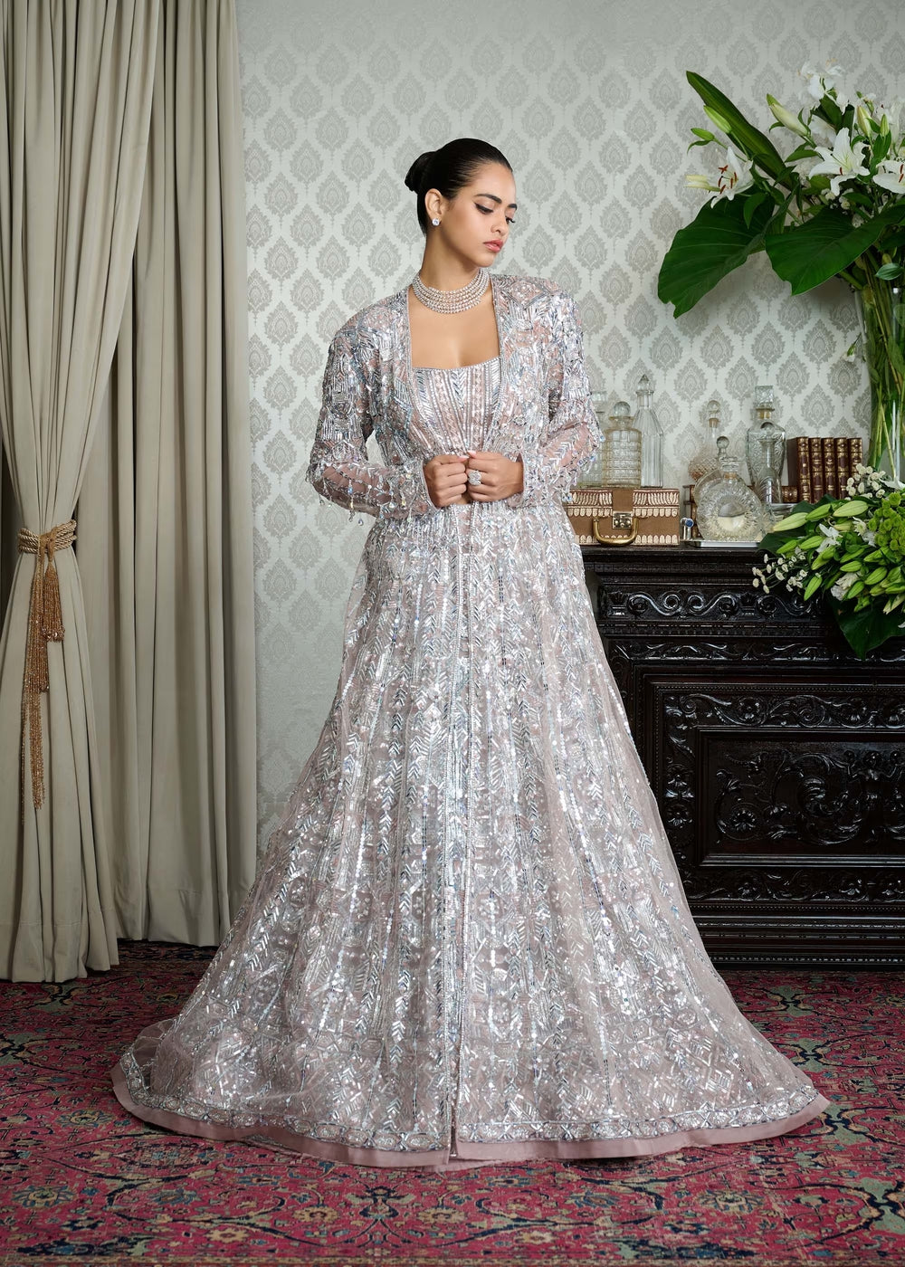 Grey Net Taban Embroidered Lehenga Set