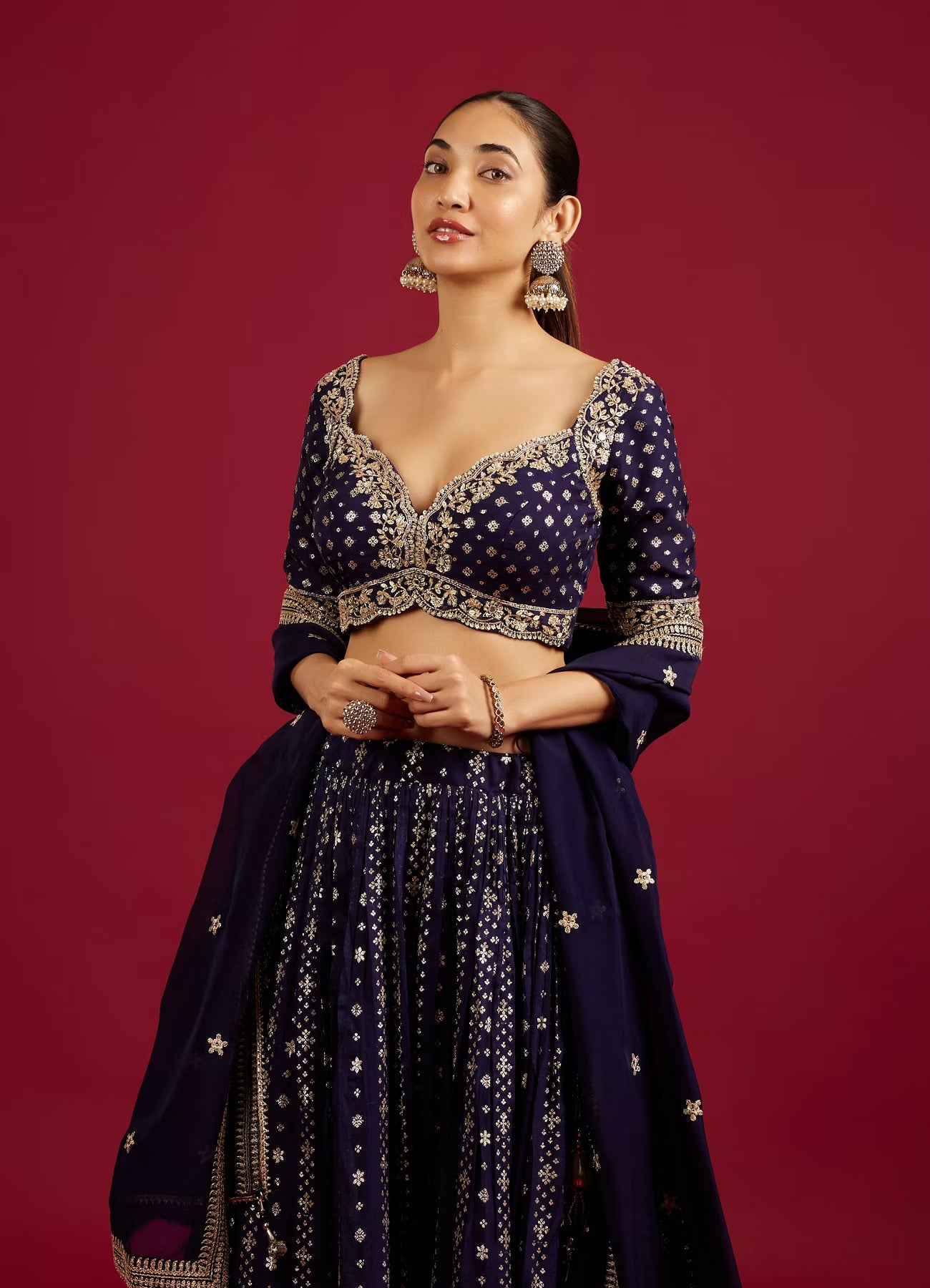 Nightshade Purple Floral Buta Patterned Crop Top Lehenga