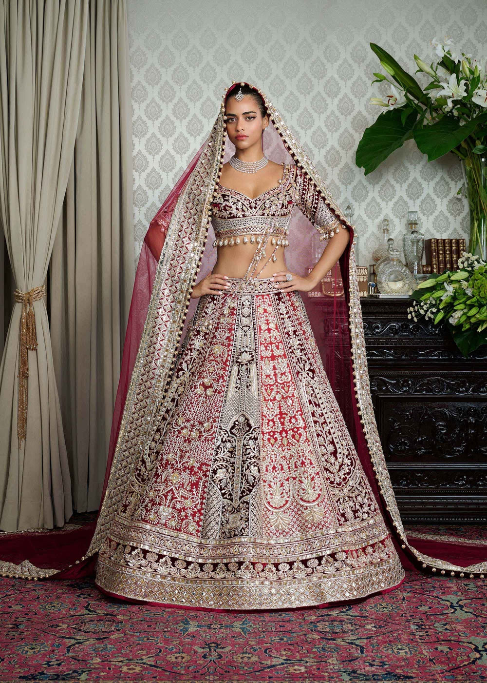 Silver and Ivory Fishtail Embroidered Lehenga Set