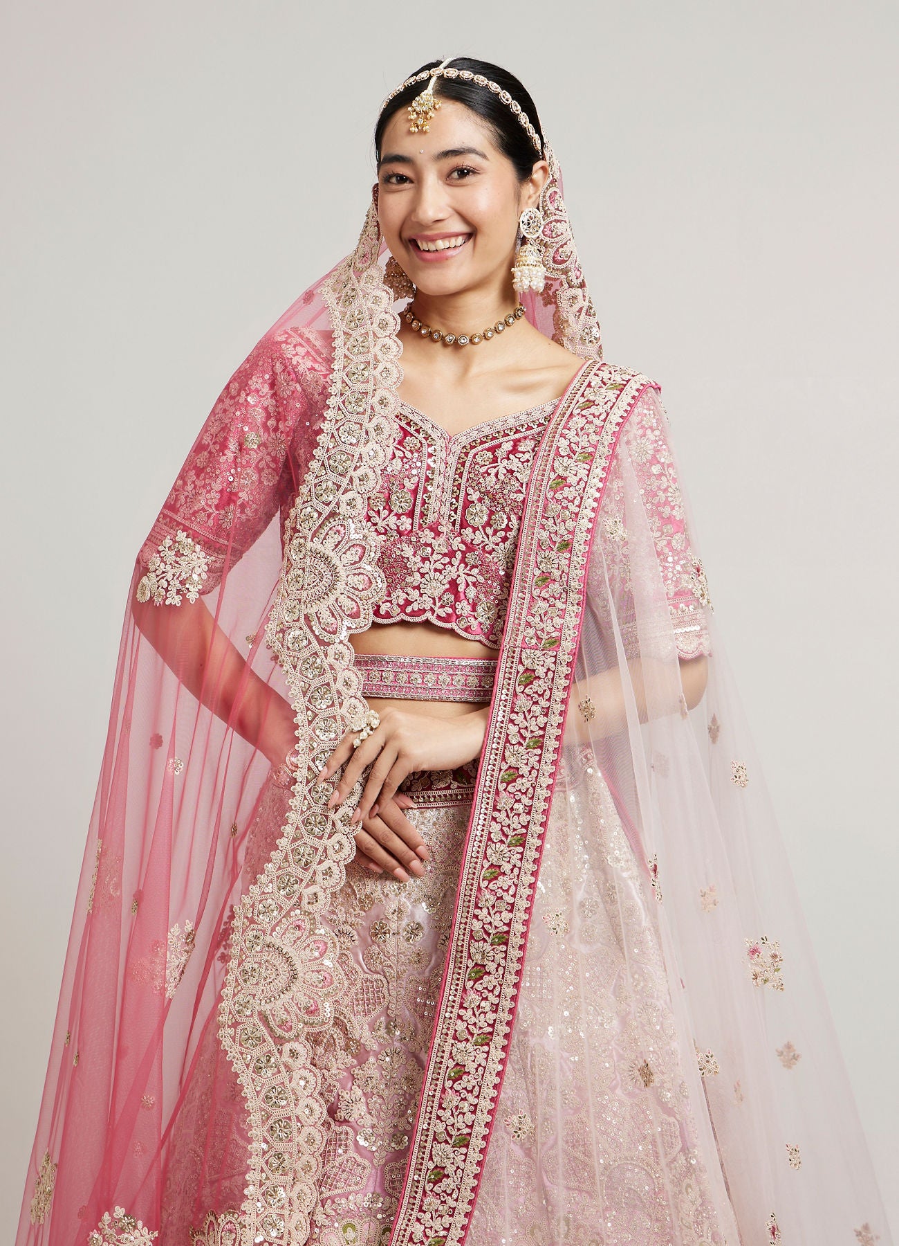 Exquisite Dusty Light Pink Velvet Bridal Lehenga with Embroidery