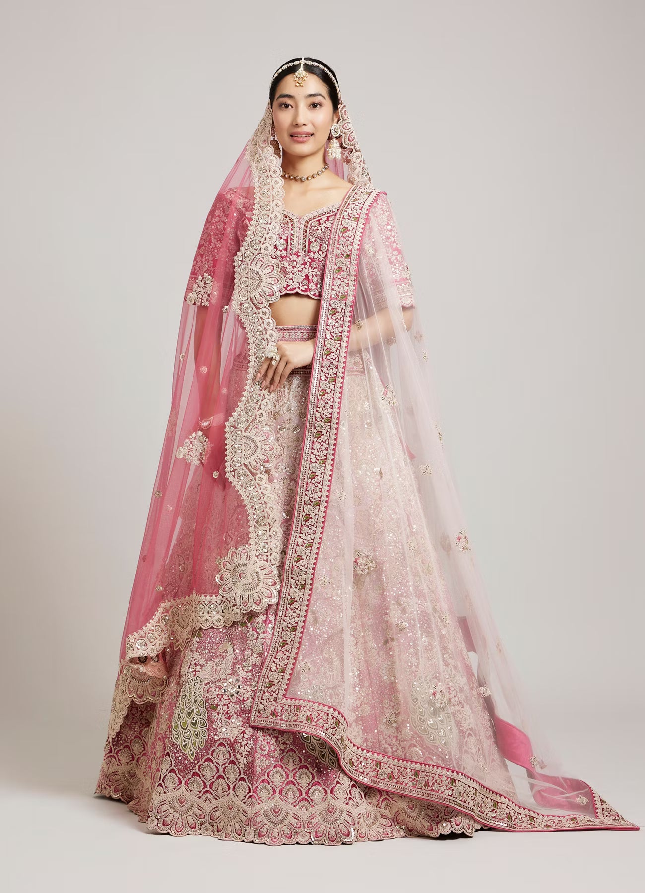 Exquisite Dusty Light Pink Velvet Bridal Lehenga with Embroidery