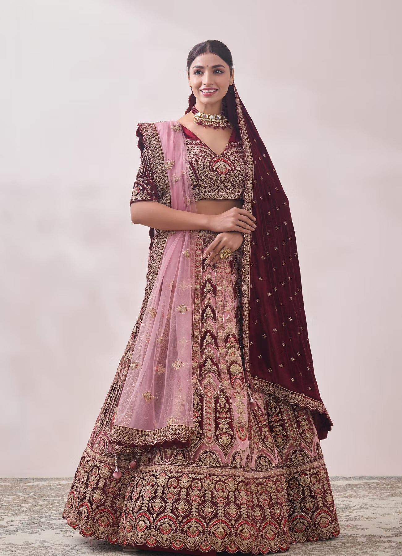 Peony Pink and Maroon Imperial Patterned Bridal Lehenga
