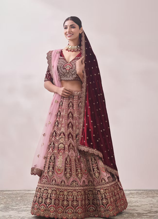 Peony Pink and Maroon Imperial Patterned Bridal Lehenga