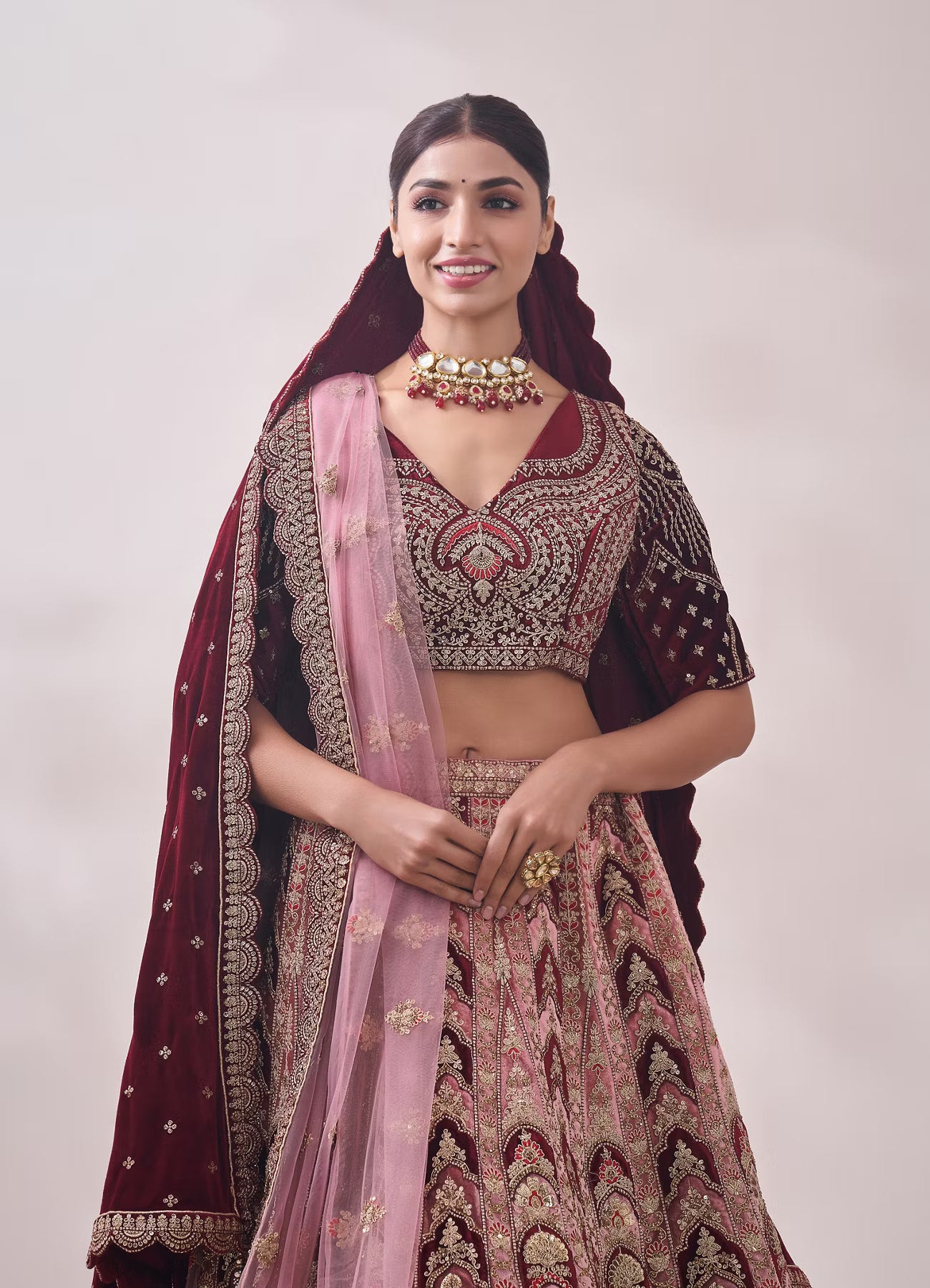 Peony Pink and Maroon Imperial Patterned Bridal Lehenga